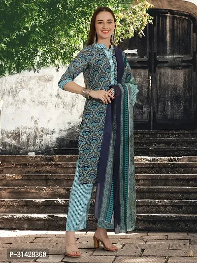 Stylish Teal Cotton Blend Printed Kurta, Bottom and Dupatta Set For Women-thumb4