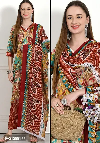 Stylish Multicoloured Cotton Blend Printed Kurta Bottom and Dupatta Set For Women-thumb0