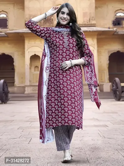 Attractive Maroon Printed Cotton Blend Kurta Pant With Dupatta For Women-thumb2