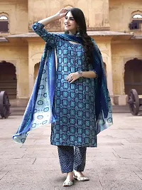 Attractive Blue Printed Cotton Blend Kurta Pant With Dupatta For Women-thumb1