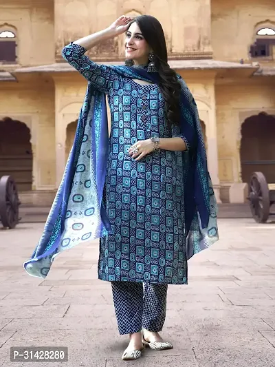 Attractive Blue Printed Cotton Blend Kurta Pant With Dupatta For Women-thumb2