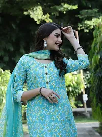 Stylish Turquoise Cotton Blend Printed Kurta, Bottom and Dupatta Set for Women-thumb3