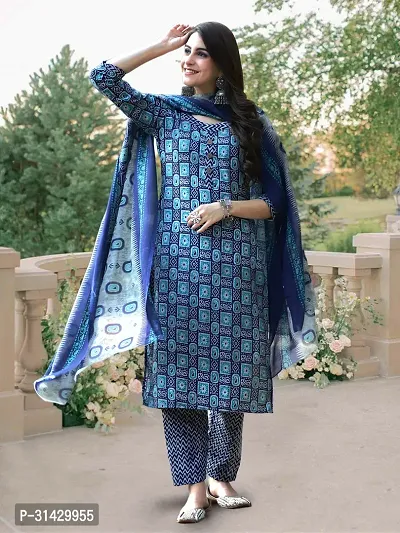 Stylish Blue Cotton Blend Printed Kurta Bottom and Dupatta Set For Women-thumb4