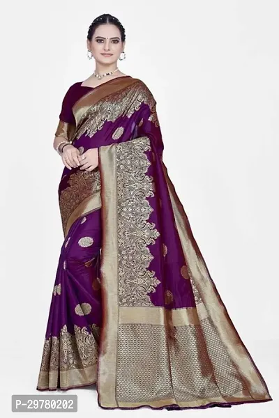 Stylish Purple Art Silk Printed Banarasi Saree With Blouse Piece For Women-thumb0
