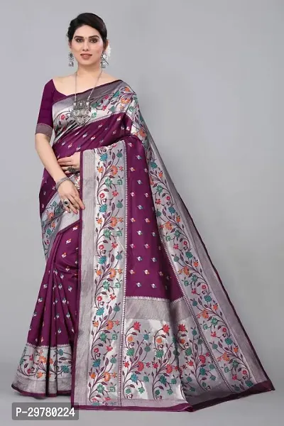 Stylish Purple Art Silk Printed Banarasi Saree With Blouse Piece For Women