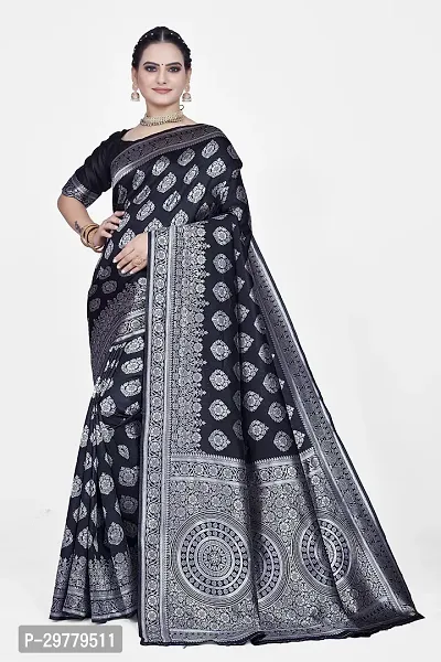 Stylish Black Art Silk Printed Banarasi Saree With Blouse Piece For Women-thumb0