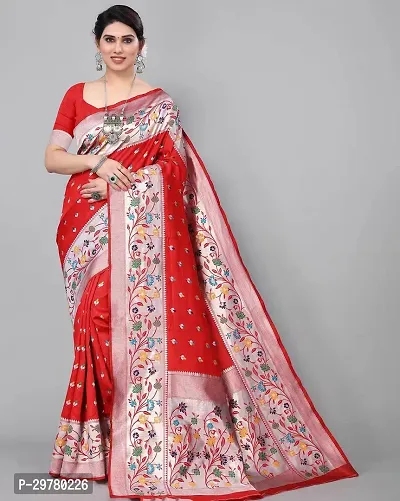 Stylish Red Art Silk Printed Banarasi Saree With Blouse Piece For Women