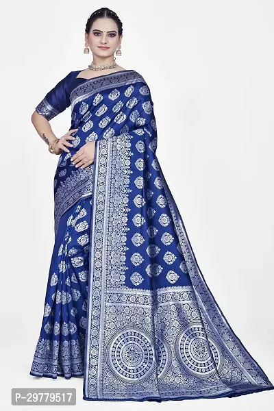 Stylish Blue Art Silk Printed Banarasi Saree With Blouse Piece For Women-thumb0