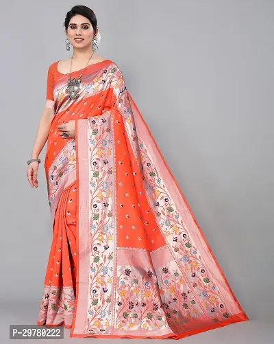 Stylish Orange Art Silk Printed Banarasi Saree With Blouse Piece For Women-thumb0