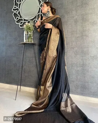 Stylish Black Art Silk Printed Banarasi Saree With Blouse Piece For Women-thumb0