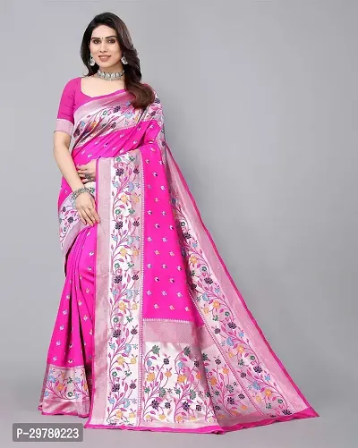 Stylish Pink Art Silk Printed Banarasi Saree With Blouse Piece For Women