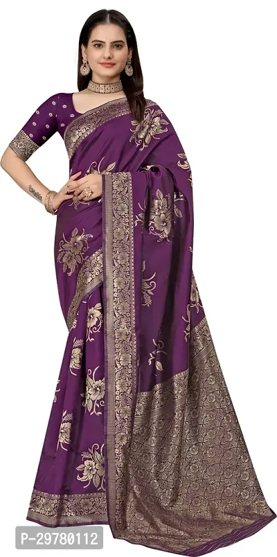 Stylish Purple Art Silk Printed Banarasi Saree With Blouse Piece For Women-thumb0