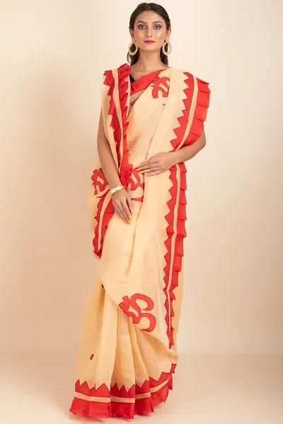 Noil Silk Bengal Style Applique Work Sarees With Blouse Piece
