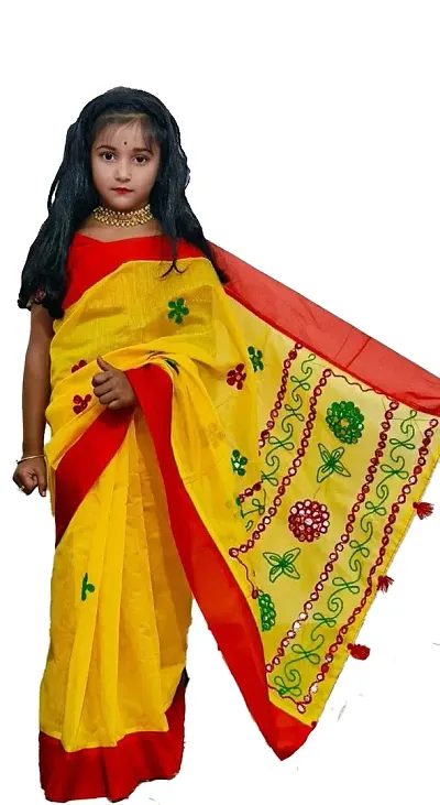 Fashadil Stylish Cotton Embroidered Kids Saree Set with Separate Blouse Piece and Petticoat