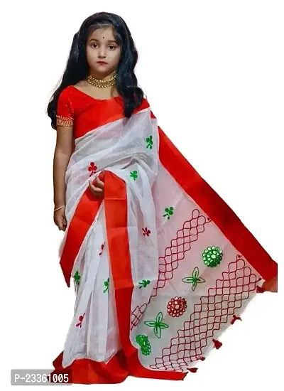 Fashadil Stylish Cotton Embroidered Kids Saree Set with Separate Blouse Piece and Petticoat-thumb0