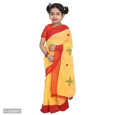 Fashadil Stylish Kids Pure Cotton Embroidered Saree Set with Separate Blouse Piece and Petticoat (3-4 Years, Yellow Sastik)
