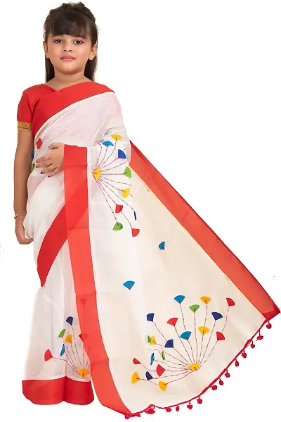 Fashadil Kids Pure Cotton Embroidery Saree With Separate Blouse And Petticoat Latest Design