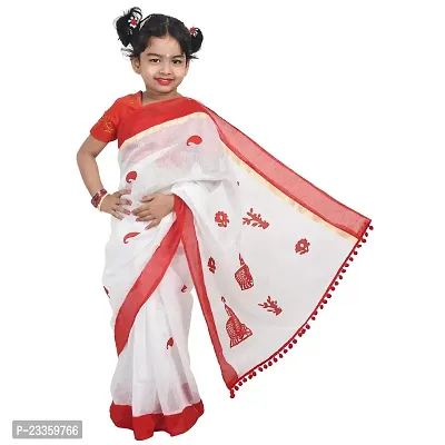 Fashadil Stylish Kids Pure Cotton Embroidered Saree Set with Separate Blouse Piece and Petticoat