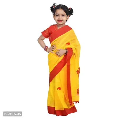 Fashadil Stylish Kids Pure Cotton Embroidered Saree Set with Separate Blouse Piece and Petticoat (3-4 Years, Yellow Sankha)-thumb0