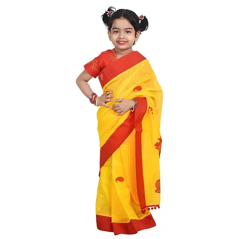 Fashadil Stylish Kids Pure Cotton Embroidered Saree Set with Separate Blouse Piece and Petticoat