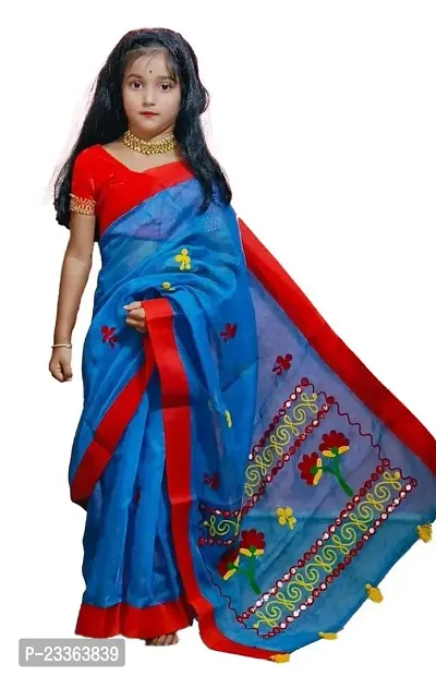 Fashadil Stylish Cotton Embroidered Kids Saree Set with Separate Blouse Piece and Petticoat (3-4 Years, Blue)