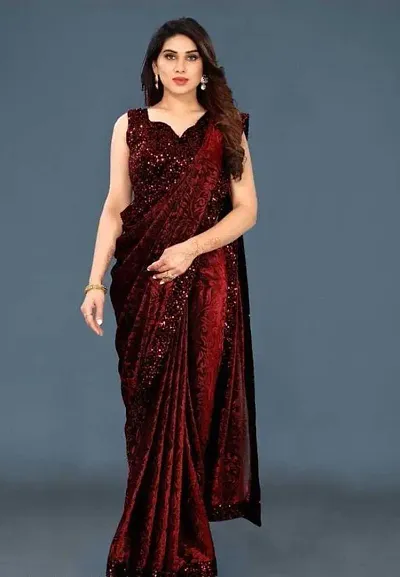 Trendy Velvet Sequin Lace Border Sarees with Blouse piece