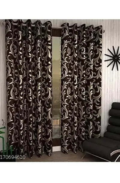 POLARTAINS Premium Eyelet Fancy Floral Printed Polyester Curtains Set of 3 for Long Door Brown (9 Feet)