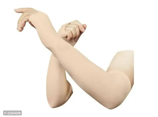Nylon Spandex Solid Thumb Hole UV Protection Arm Sleeves Men  Women Beige-thumb0