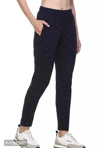 Elite Navy Blue Polycotton Printed Track Pant For Women