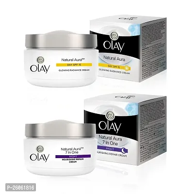 Olayrsquo;s Natural Aura Day and Night Face Cream Combo - Day Cream with SPF 15 and Nourishing Repair Night Cream | Reveal Skinrsquo;s Natural Glow | Power of Niacinamide |Dry, Combination, Oily Skin | AM/PM Re