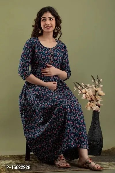 SHEFU BOTIQUE Women's Cotton Long Maternity Kurti Anarkali Dress with Zipper, Feeding Kurti-thumb3