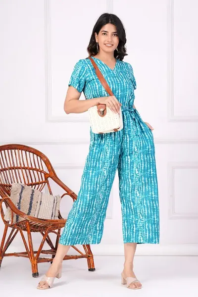 Trendy Half Sleeves Handloom Printed  Rayon Jumpsuit for Women