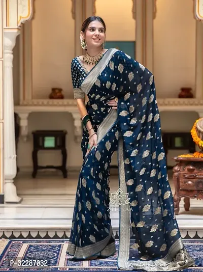 Stylish Silk Blend Blue Zari Saree with Blouse piece-thumb0