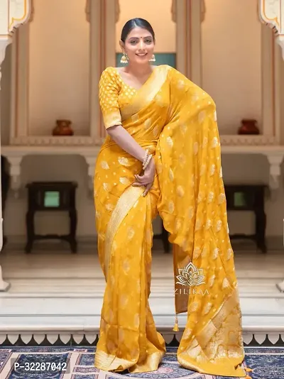 Stylish Silk Blend Yellow Zari Saree with Blouse piece-thumb0