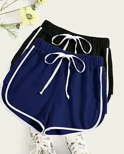 Beautiful Cotton Navy Blue Solid Lounge Shorts For Women - Pack Of 2