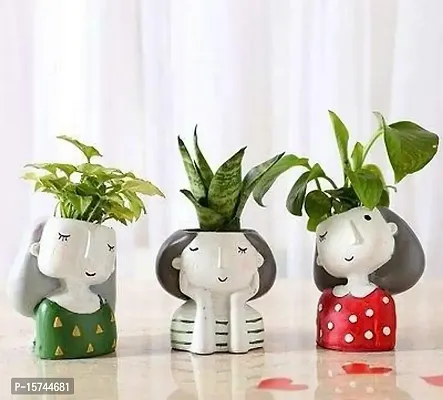GreyFOX || Cute Resin Pot 3 Gang of Girls Random Dreaming Green Red Girl Trendy Design Return Gifts Multipurpose Pot || Succulent Pot Indoor || Desktop Flower Planter || Home D?cor Garden?-thumb0