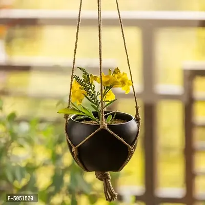 3.9 INCH Round Metal Hanging Pot with Jute Thread | Black Color Hanging Flower Pot