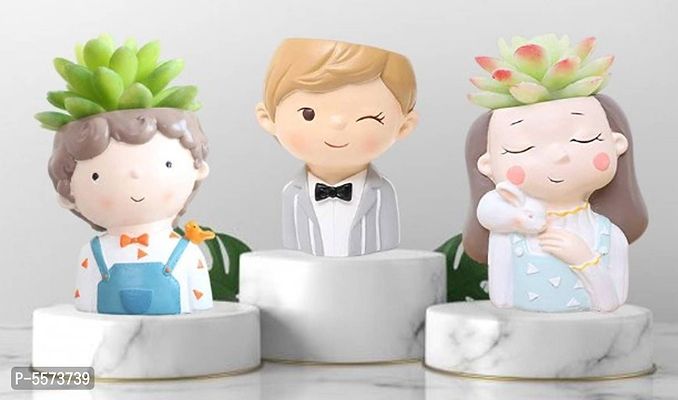 Set of 3 Resin Pot Cute Girls || Succulent Pot Indoor || Desktop Flower Planter || Home Decor Garden || Without Plant-thumb0