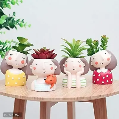 Set of 4 Piece Resin Pot Cute Girls || Succulent Pot Indoor || Desktop Flower Planter || Home Decor Garden || Without Plant