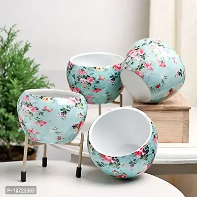 GreyFox Decorative Set of 4 Sea Green Printed Metal Pot Vase with Stand for Table Corner, Living Room, Bedroom, Balc-thumb2