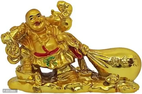 Feng Shui Lucky Laughing Buddha pulling big Potli | Showpiece for Good Luck, Fortune, Health, Wealth, Success and Prosperity | Decorative Showpiece for Office Desk, Shop, Table, Home Decor - 7.5 cm