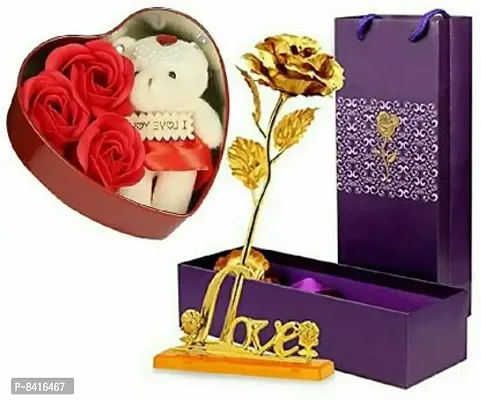 Gold Rose with Love Stand and Heart Box with Cute Teddy Bear | Special and Precious Gold Rose Artificial Flower and heart box for occasions like Valentine day, Someone Special, Loved one - 26 cm