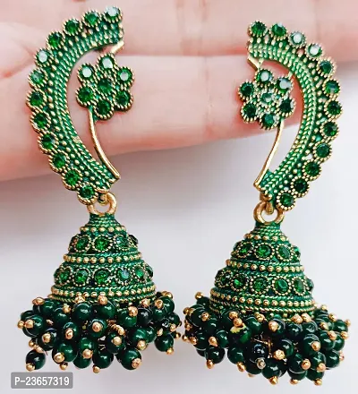 Green Alloy  Jhumkas Earrings For Women