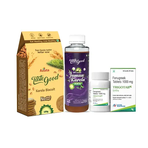 Diabetic Friendly Combo Pack: Taste Good Karela Biscuits Pack of 4 , Jamun Karela Juice (500 ML), Trigotab Fenugreek Seed Powder Tablets (60 tabs)