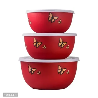 Microwave Stainless Steel Bowls (Pack of 03)- Butterfly Print (Red)-thumb0