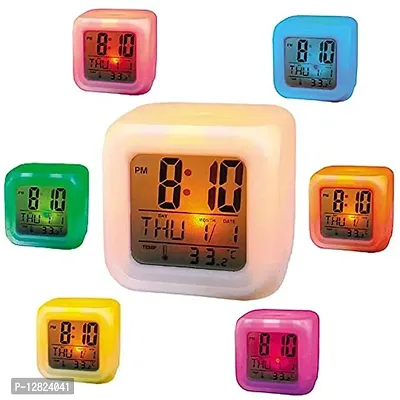 RSCT Smart Digital Alarm Clock Watch/ Alarm Clock with 7 Color Changing Digital Display and Temperature (White_7.5 x 7.5 x 7.5 cm,Plastic Multi color)-thumb0