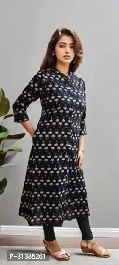 Elegant Black Viscose Printed A-Line Kurta For Women-thumb0