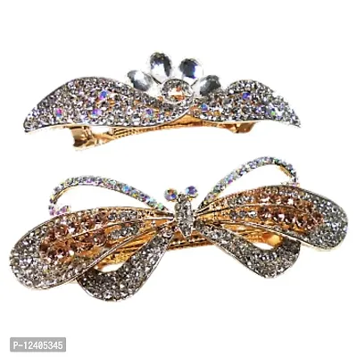 Gorgeous Combo of 2 Very Beautiful Metallic Hair Clips Multi Colored Stones Studded Pretty Looks-thumb0