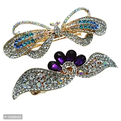 Combo of 2 Beautiful Fancy Metallic Hair Clips Multi Colored Stones Studded-thumb0