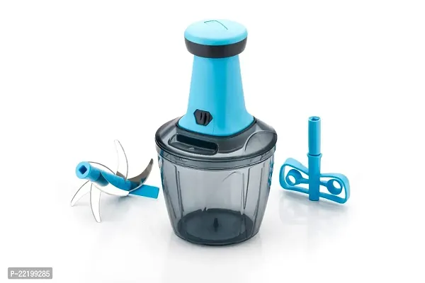 GRECY Manual Push Chopper for Vegetables  Fruits, Hand Press Chopper with Lock  Unlock System 6 S S Blade + 1 Plastic Blade + 1 Plastic Whisker 950ml - Blue-thumb5